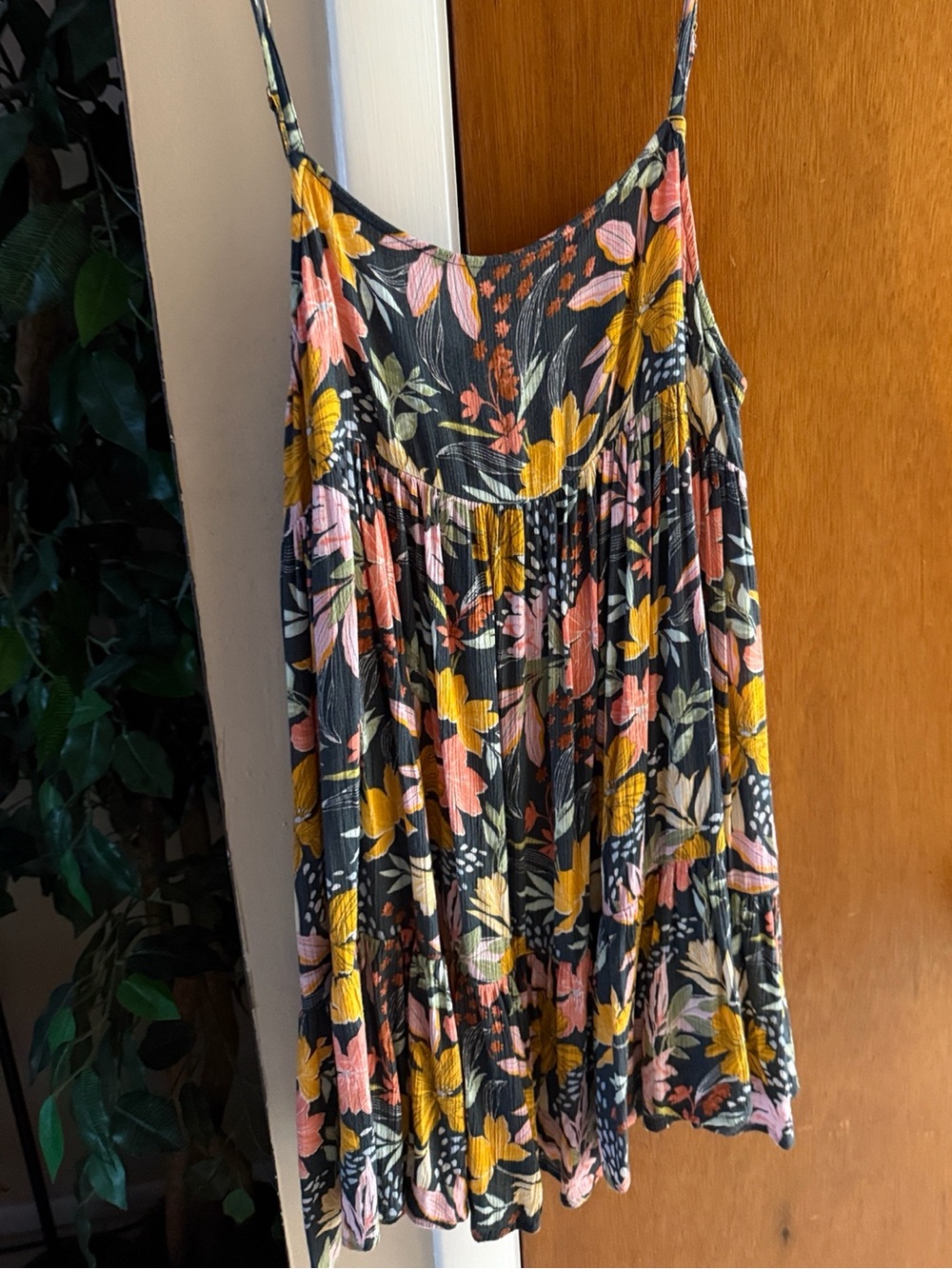 O'Neill Black Floral Spaghetti-Strap Mini Dress with Mustard & Pink Accents